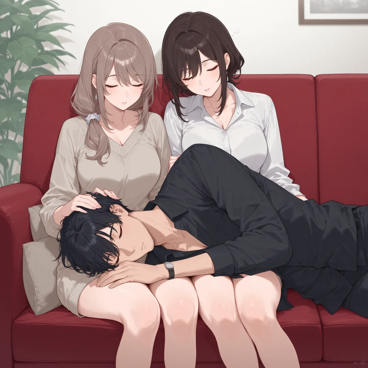 眠る相手を挟んで頭を撫でる二人の女性のイラスト