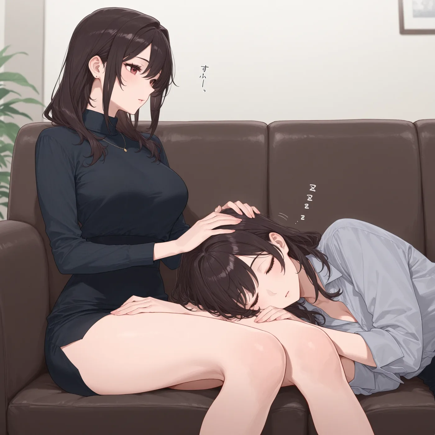 膝枕で眠る相手の頭を撫でている女性のイラスト