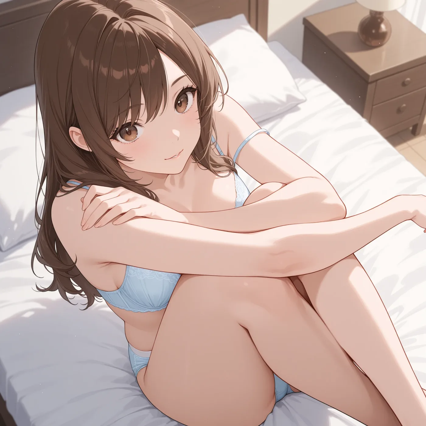 ベッドに座る手足の長い女性のイラスト