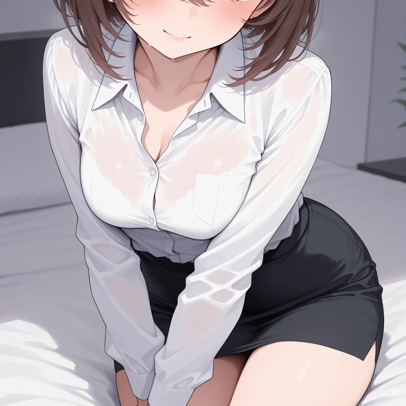 前かがみで胸元を強調する小柄な女性のイラスト